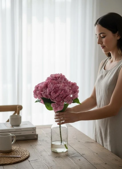 Yapay Çiçek Islak Ortanca Çiçeği Pembe Koyu 45cm 5Dal Islak Gerçeksi Dokulu - Resim 5