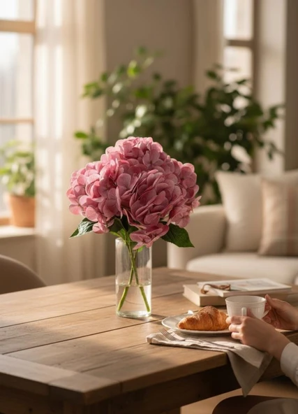 Yapay Çiçek Islak Ortanca Çiçeği Pembe Koyu 45cm 5Dal Islak Gerçeksi Dokulu - Resim 6