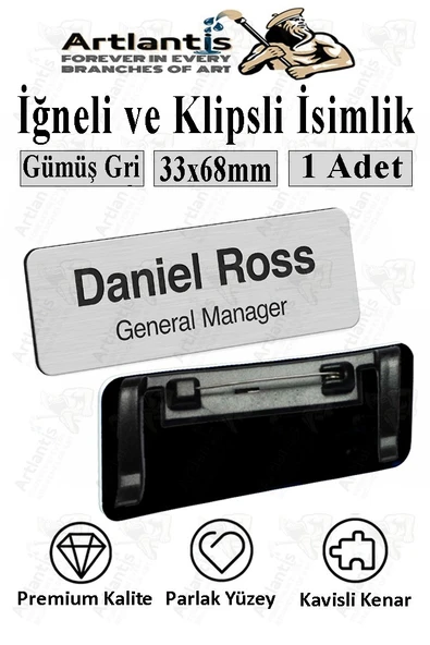 Personel Yaka İsimliği 1 Adet İğneli ve Klipsli Yaka Kartı 33x68 mm Personel Büro Ofis Şirket İş Yeri - Resim 2