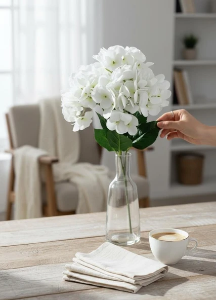 Yapay Çiçek Islak Ortanca Çiçeği Beyaz 45cm 5Dal Islak Gerçeksi Dokulu - Resim 5