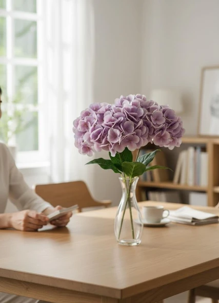 Yapay Çiçek Islak Ortanca Çiçeği Lila 45cm 5Dal Islak Gerçeksi Dokulu - Resim 5