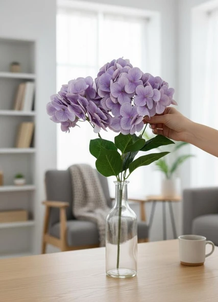 Yapay Çiçek Islak Ortanca Çiçeği Lila 45cm 5Dal Islak Gerçeksi Dokulu - Resim 4