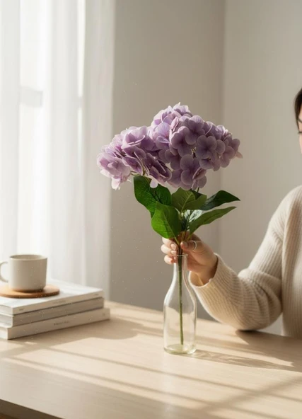 Yapay Çiçek Islak Ortanca Çiçeği Lila 45cm 5Dal Islak Gerçeksi Dokulu - Resim 6