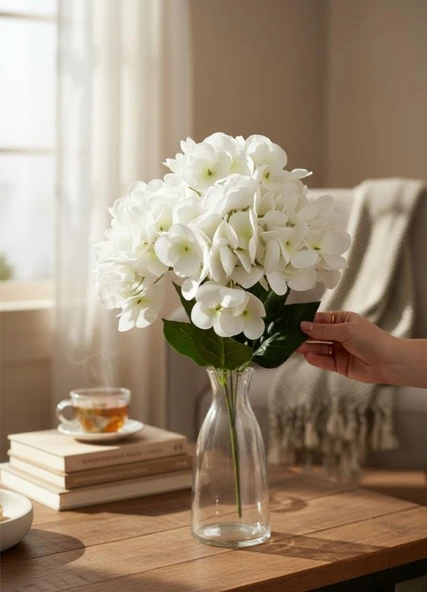 Yapay Çiçek Islak Ortanca Çiçeği Beyaz 45cm 5Dal Islak Gerçeksi Dokulu - Resim 2