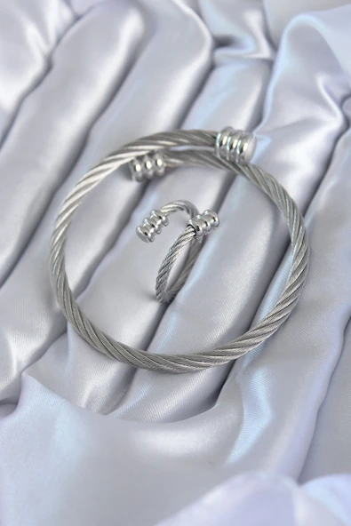 316L Çelik Gümüş Renk Sarmal Model Erkek Bileklik Yüzük Kombini EB-53-vice/(1395) 2258 ürün görseli 1