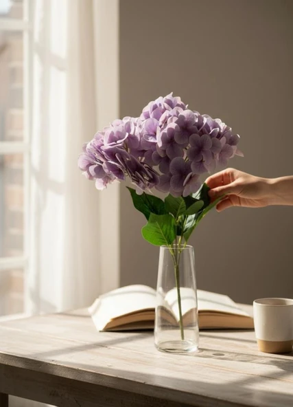 Yapay Çiçek Islak Ortanca Çiçeği Lila 45cm 5Dal Islak Gerçeksi Dokulu - Resim 7