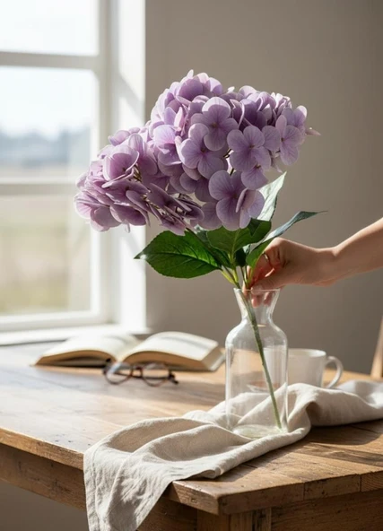 Yapay Çiçek Islak Ortanca Çiçeği Lila 45cm 5Dal Islak Gerçeksi Dokulu - Resim 8