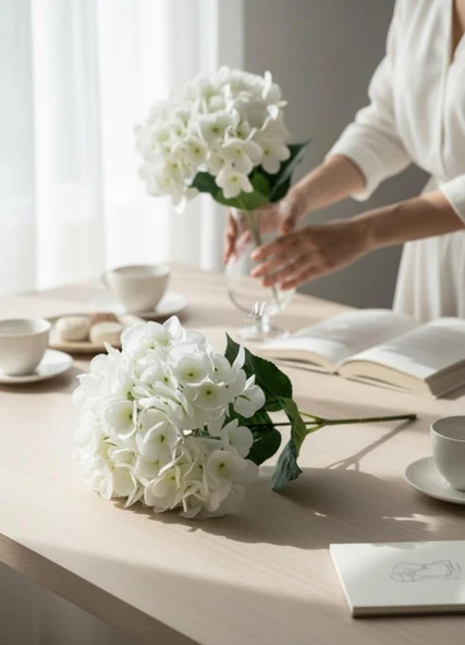 Yapay Çiçek Islak Ortanca Çiçeği Beyaz 45cm 5Dal Islak Gerçeksi Dokulu - Resim 4