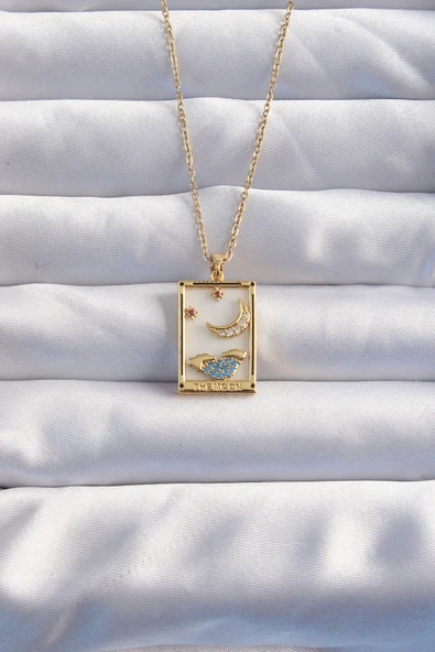 316L Çelik Zincir Gold Renk Ay Detay Mavi Zirkon Taşlı Tarot Kolye EB-53-vice/(1395) 3102 ürün görseli 1