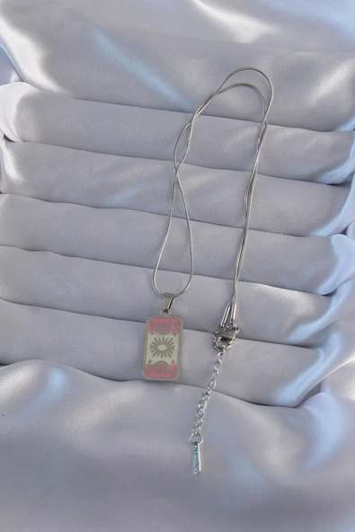 316L Çelik Gümüş Renk Pembe Mineli Ay Figür Tarot Kolye EB-53-vice/(1395) 3172 - Resim 3