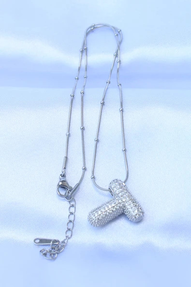 316L Çelik Zincirli Zirkon Taşlı T Harfli Gümüş Renk Bubble Kolye EB-53-vice/(1395) 2791 - Resim 2