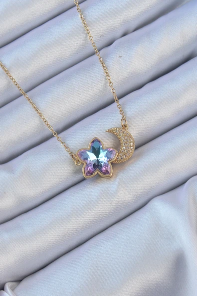 316L Çelik Zincir Altın Renk Ay Tasarımlı Renkli Zirkon Taşlı Çiçek Kolye EB-53-vice/(1395) 3211 ürün görseli 1