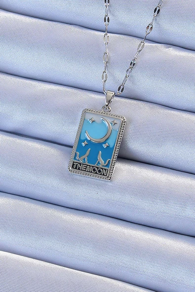 316L Çelik Zincir Gümüş Renk Mavi Mineli Ay Figür Tarot Kolye EB-53-vice/(1395) 3249 ürün görseli 1