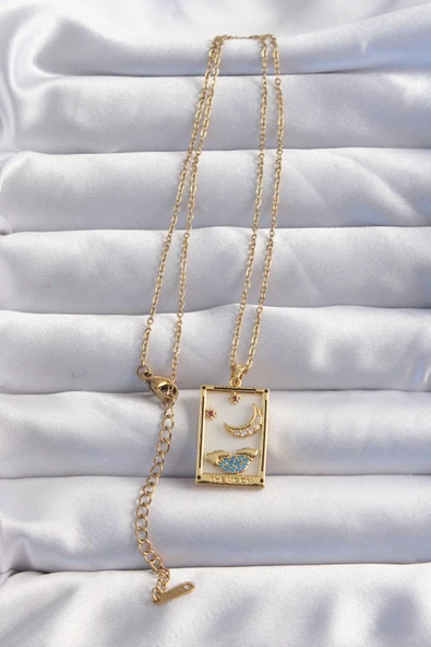 316L Çelik Zincir Gold Renk Ay Detay Mavi Zirkon Taşlı Tarot Kolye EB-53-vice/(1395) 3102 - Resim 2