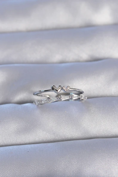 Pirinç Gümüş Renk Zirkon Taşlı Kalpli 2li Görünüm Ayarlanabilir Yüzük EB-53-vice/(1395) 2892 - Resim 2