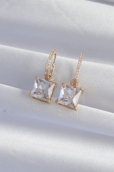 Pirinç Gold Renk Kare Zirkon Taşlı Halka Küpe EB-53-vice/(1395) 3070 - Resim 2