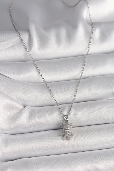 316L Çelik Gümüş Renk Zincir Zirkon Taşlı Ayıcık Figür Kadın Kolye EB-53-vice/(1395) 4146 - Resim 2