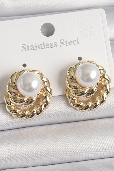 Pirinç Gold Renk İncili Sarmal Burgu Model Kadın Küpe EB-53-vice/(1395) 4106 ürün görseli 1