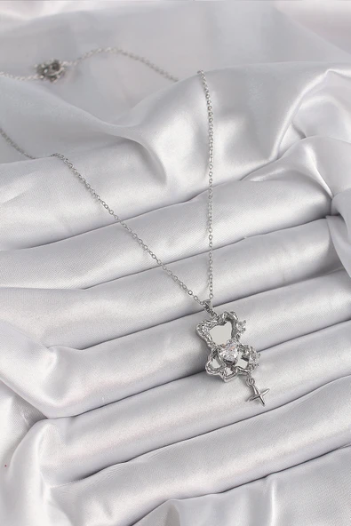 316L Çelik Gümüş Renk Ayna Ayıcık Model Zirkon Taşlı Kalp Detay Kadın Kolye EB-53-vice/(1395) 3858 - Resim 2