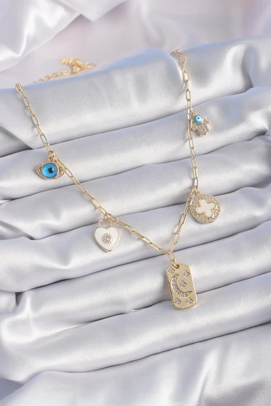 Gold Renk Zirkon Taşlı Çoklu Figür Model Şans Kolyesi EB-53-vice/(1395) 3348 - Resim 2