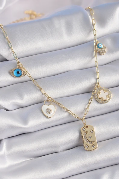 Gold Renk Zirkon Taşlı Çoklu Figür Model Şans Kolyesi EB-53-vice/(1395) 3348 ürün görseli 1