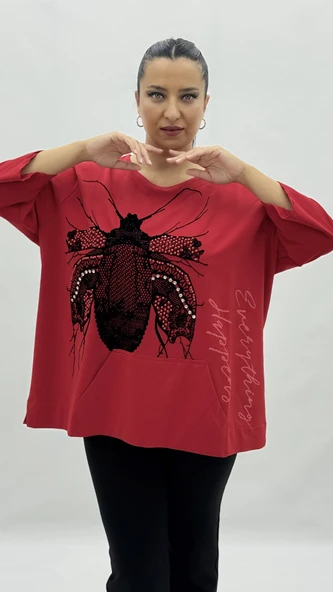 Büyük Beden Viskon Taşlı İnci Detaylı Kanguru Cepli Kapri Kol Oversize Kadın Sweat - Resim 2