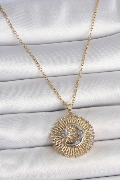 316L Çelik Gold Renk Mix Renk Ay Güneş Model Kadın Kolye EB-53-vice/(1395) 4658 ürün görseli 1