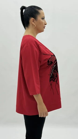 Büyük Beden Viskon Taşlı İnci Detaylı Kanguru Cepli Kapri Kol Oversize Kadın Sweat - Resim 5