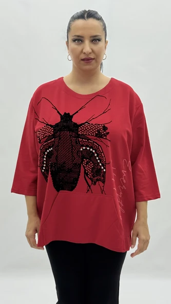 Büyük Beden Viskon Taşlı İnci Detaylı Kanguru Cepli Kapri Kol Oversize Kadın Sweat ürün görseli 1