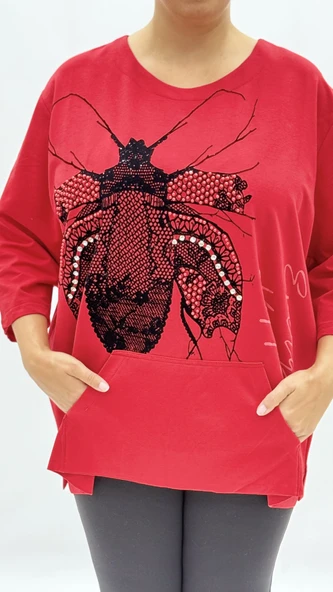 Büyük Beden Viskon Taşlı İnci Detaylı Kanguru Cepli Kapri Kol Oversize Kadın Sweat - Resim 6