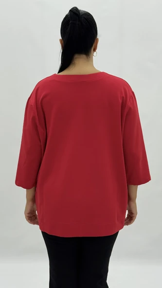 Büyük Beden Viskon Taşlı İnci Detaylı Kanguru Cepli Kapri Kol Oversize Kadın Sweat - Resim 4