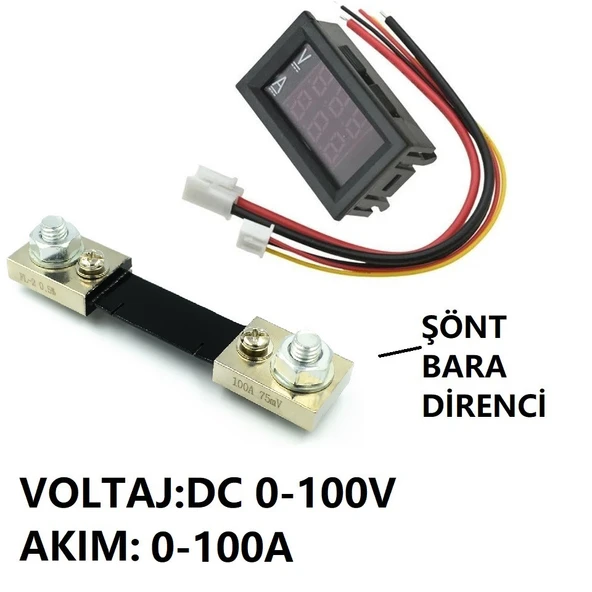 YATE10 DC 0-100V 0-100A Voltampermetre+Şönt Bara Direnci - Resim 2