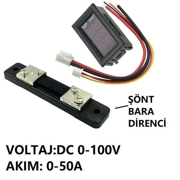 YATE10 DC 0-100V 0-50A Voltampermetre+Şönt Bara Direnci - Resim 3
