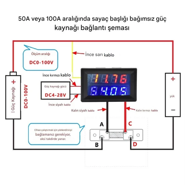 YATE10 DC 0-100V 0-100A Voltampermetre+Şönt Bara Direnci - Resim 5