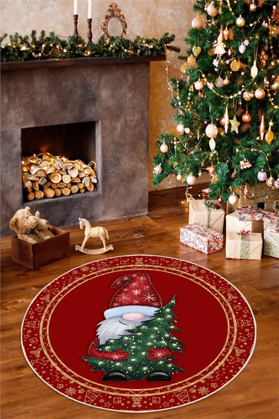 Dijital Baskılı Kaymaz Tabanlı Yıkanabilir Yuvarlak Kırmızı Yılbaşı Halısı 100 x 100 cm Kırmızı ürün görseli 1