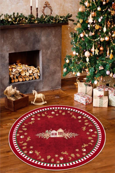 Yılbaşı Desenli Dijital Baskılı Yıkanabilir Kaymaz Taban Yuvarlak Kırmızı Halı 200 x 200 cm Kırmızı ürün görseli 1