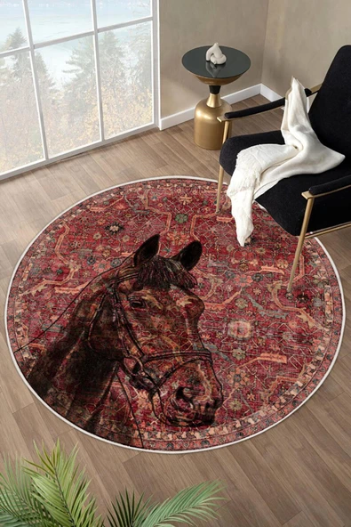 Kilim Desenli At Figurlu Yıkanabilir Kaymaz Taban Bordo Yuvarlak Halı 160 x 160 cm Bordo ürün görseli 1