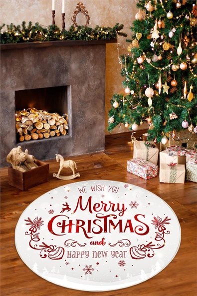 Yeni Yıl Temalı Merry Christmas Yazılı Dijital Baskılı Yıkanabilir Kaymaz Yuvarlak Halı 180 x 180 cm Beyaz ürün görseli 1