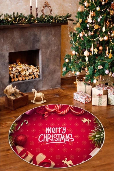 Yılbaşı Temalı Merry Christmas Dijital Baskılı Yıkanabilir Yuvarlak Kırmızı Halı 100 x 100 cm Kırmızı ürün görseli 1