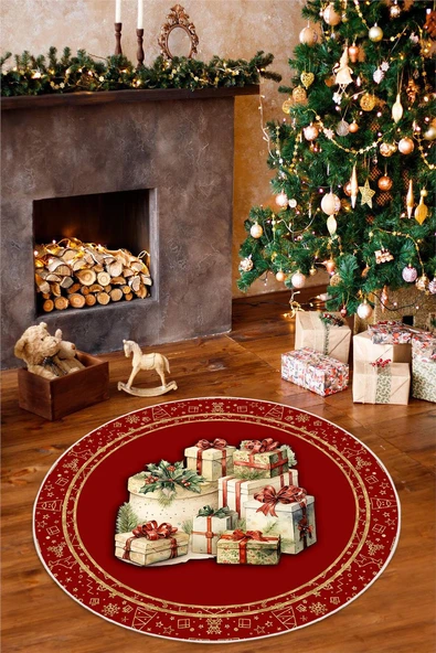 Yeni Yıl Hediye Temalı Kırmızı Dijital Baskılı Yıkanabilir Yuvarlak Halı 200 x 200 cm Kırmızı ürün görseli 1