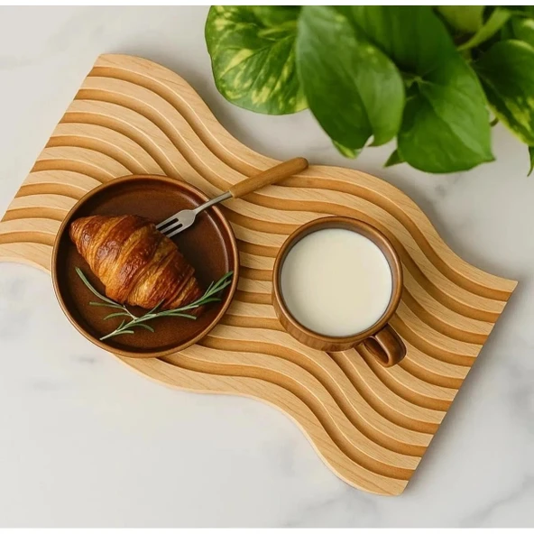 Dalgalı Çift Taraf Tasarımlı Ahşap Sunum Tepsisi - Resim 4