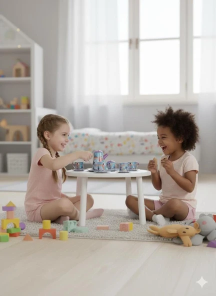 Metal 14 Parça Mavi Çantalı Eğitici Evcilik Oyuncak Çay Fincan Seti - Resim 3