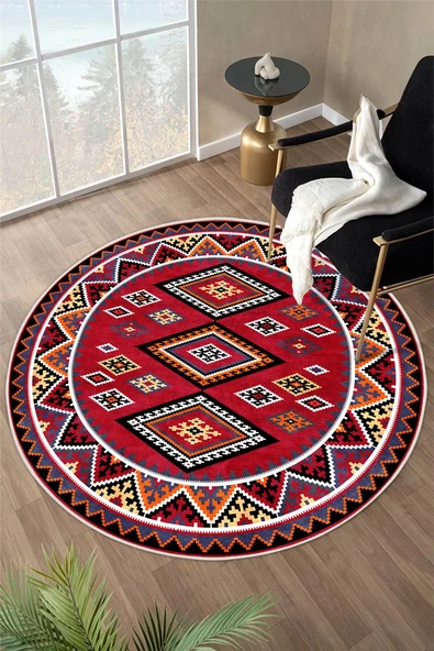 Kırmızı Etnik Kilim Desenli Dijital Baskılı Kaymaz Taban Yıkanabilir Yuvarlak Halı 100 x 100 cm Kırmızı ürün görseli 1