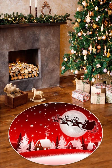Dijital Baskılı Yıkanabilir Yılbaşı Temalı Kırmızı Geyik Desenli Yuvarlak Halı 200 x 200 cm Kırmızı ürün görseli 1