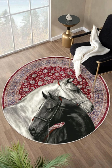 Yıkanabilir Modern Sanat Temalı At Desenli Bordo Dijital Baskı Yuvarlak Halı 200 x 200 cm Bordo ürün görseli 1
