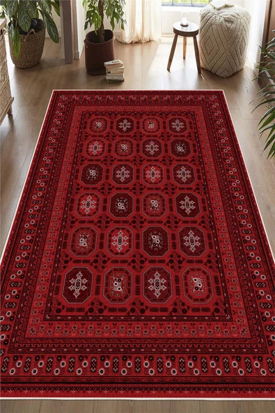 Bordo Afgan Desenli Dekoratif Kaymaz Taban Yıkanabilir Halı 60 x 150 cm Bordo ürün görseli 1