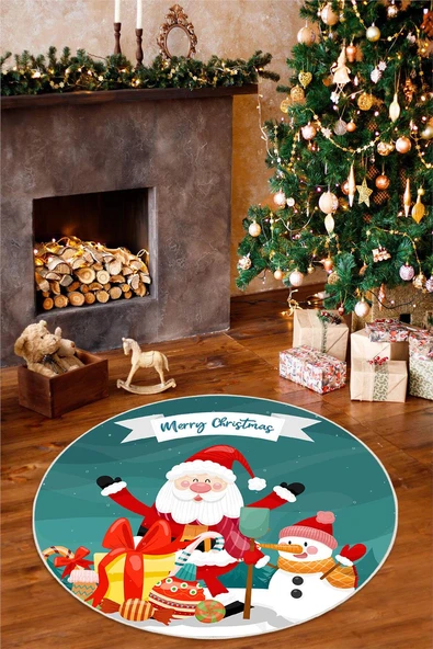 Merry Christmas Yılbaşı Temalı Dijital Baskılı Yıkanabilir Mavi Yuvarlak Halı 200 x 200 cm Mavi ürün görseli 1