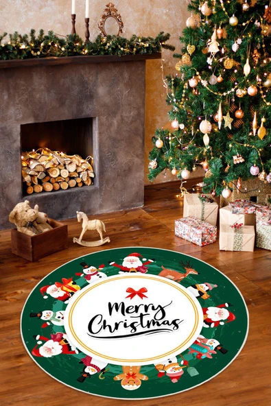 Merry Christmas Temalı Dijital Baskılı Yıkanabilir Kaymaz Taban Yuvarlak Halı 160 x 160 cm Yeşil ürün görseli 1