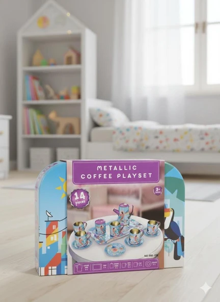 Metal 14 Parça Mavi Çantalı Eğitici Evcilik Oyuncak Çay Fincan Seti - Resim 4