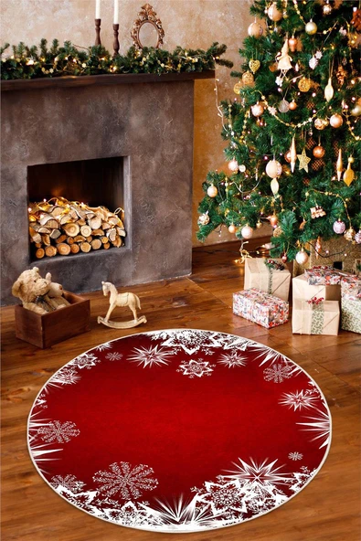 Kar Taneli Yılbaşı Temalı Dijital Baskılı Yıkanabilir Kaymaz Kırmızı Yuvarlak Halı 100 x 100 cm Kırmızı ürün görseli 1